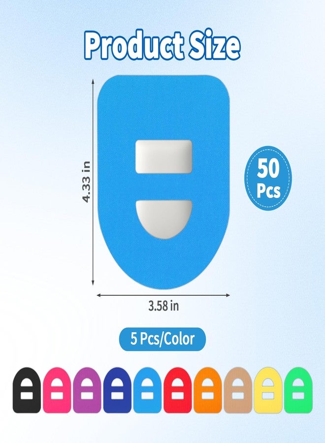 ٥٠ قطعة من اللصقات اللاصقة، لصقات لاصقة متوافقة مع لصقات Omnipod 5، لصقات استشعار، مثبتات جلدية لجهاز مراقبة الجلوكوز، ١٠ ألوان سادة، مقاومة للماء والعرق والصدمات، قابلة للتهوية، مقطوعة مسبقًا - Image 2